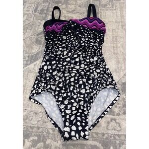 Maxine of Hollywood Women's Sz 8 Swimsuit One Piece Black Purple Multi